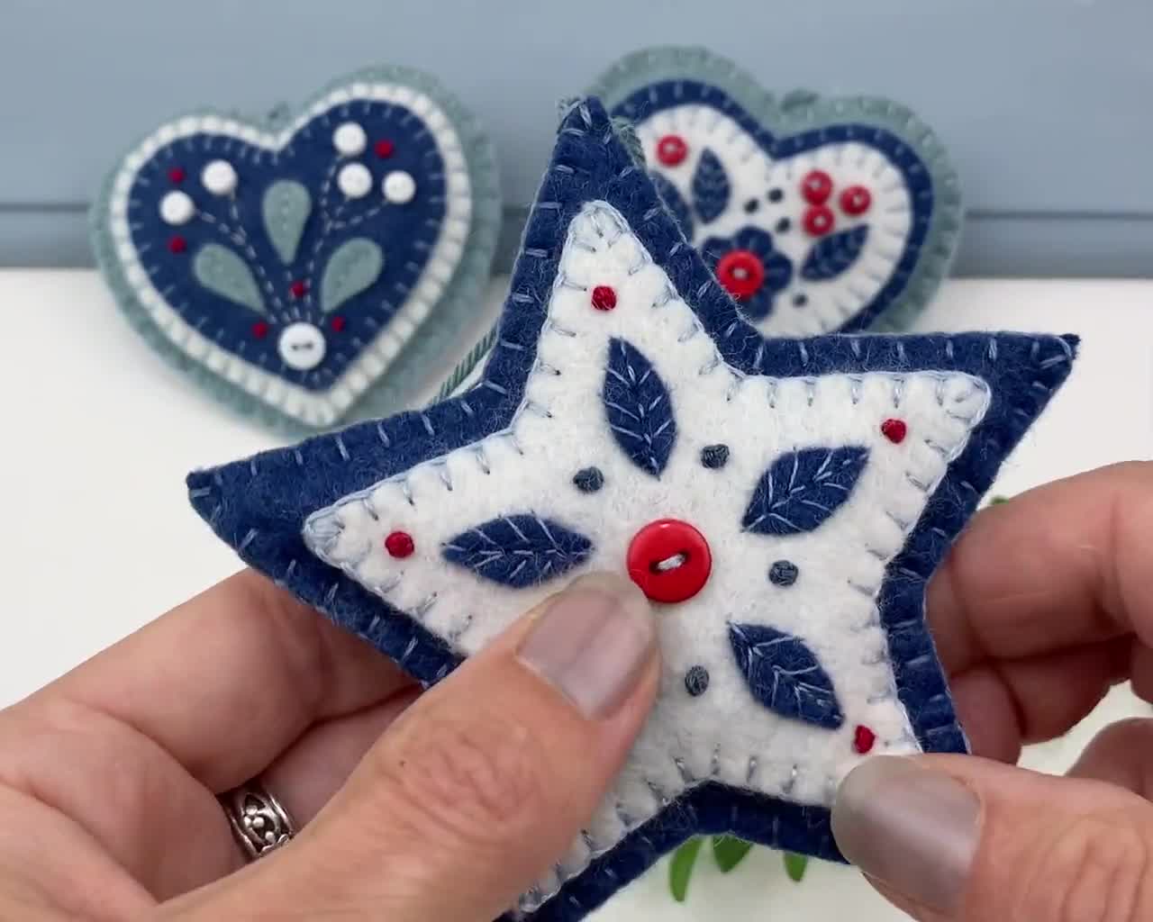 Blue & White Snowflake Heart Ornaments - Made of Felt - Set of 6