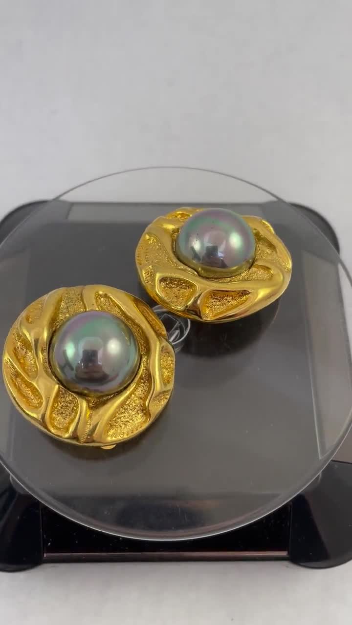 Large Carolina Herrera Gold Tone Faux Pearl Wavy Clip On Earrings- As it is