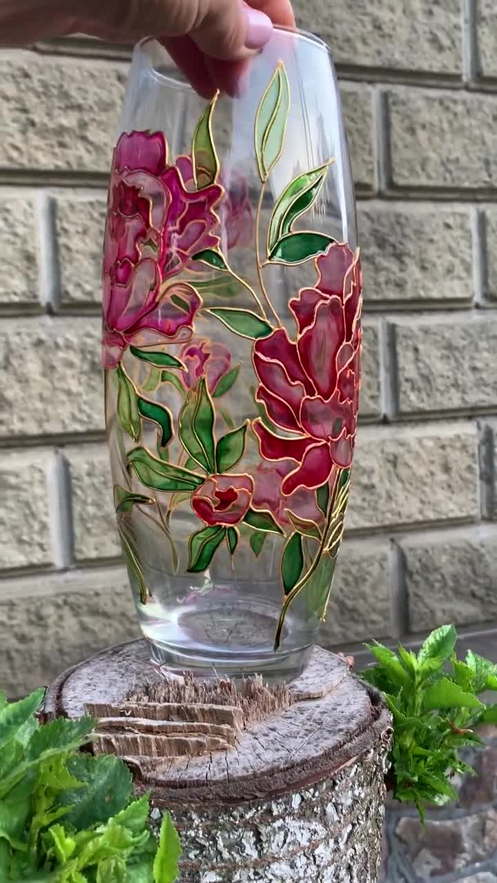 Vaso in vetro colorato dipinto a mano Vaso personalizzato dipinto a mano  con fiori di peonia Vaso rotondo in vetro rosa Vaso in vetro personalizzato  Vaso peonie -  Italia