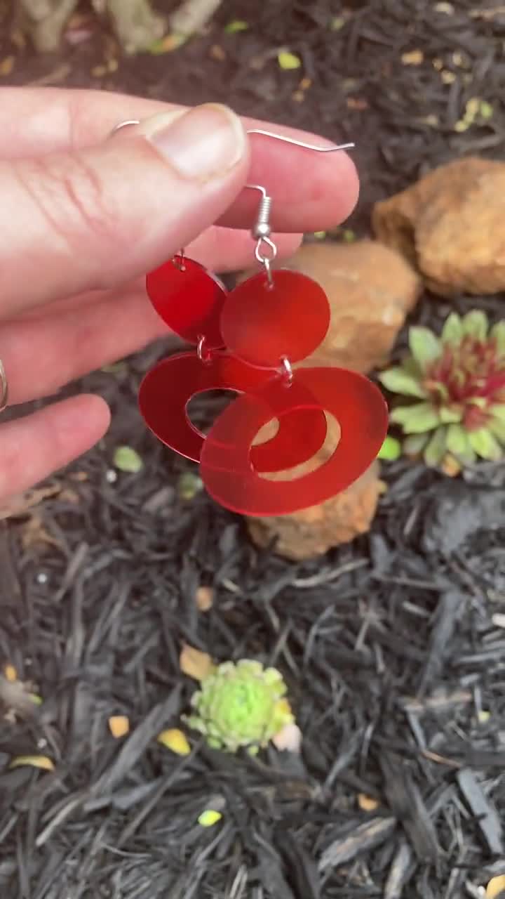 Upcycled Circle Red Earrings, Lightweight Plastic Earrings, Upcycled Jewelry, Birthday Gift for Her, Upcycled Vintage Style Earrings
