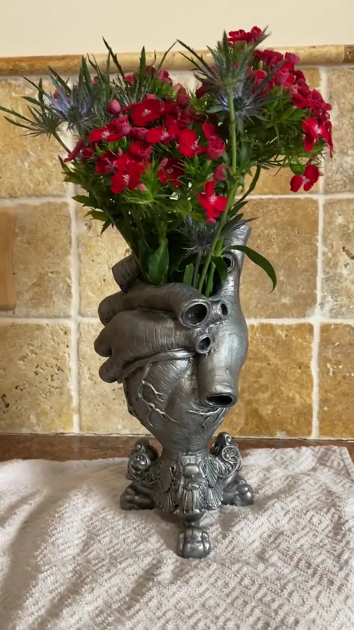 Anatomical Heart Vase, Pewter Finish 