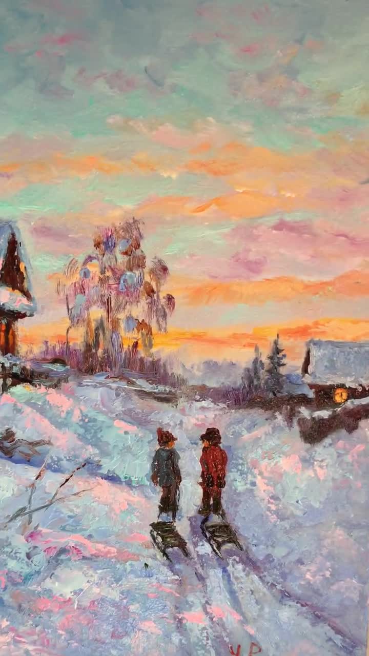 子供たちのいる冬の風景 オリジナルの油絵 そり ロシアの風景
