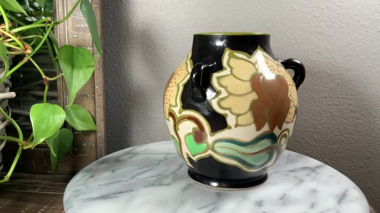 Japanese Hongan Ware Triple-handled Floral Pottery Vase - Black
