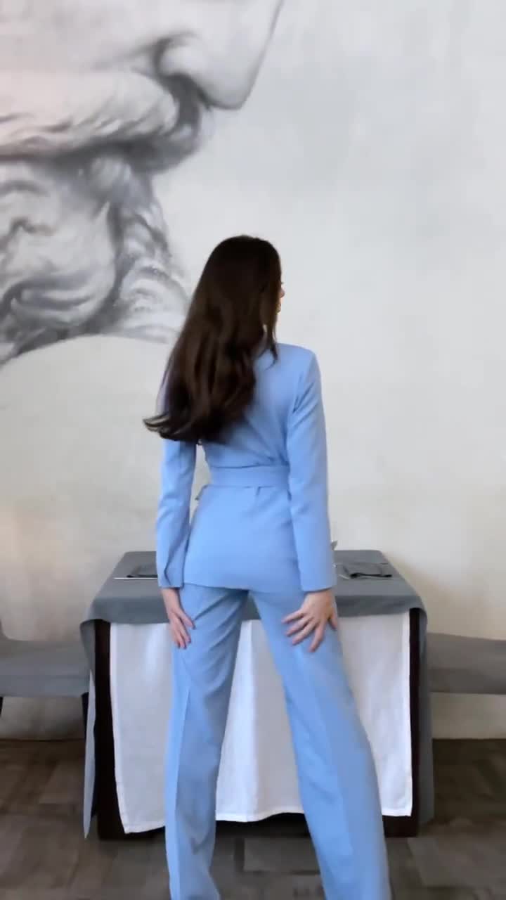 Light Blue Special Occasions Pantsuit 2pc, Belted Suit Blazer With