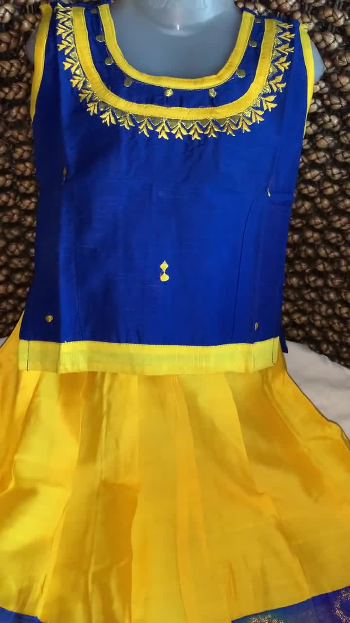 Yellow & Blue Raw Silk Pattu Pavada/Langa blouse/Traditional Lehenga for  2-3 Years Baby Girls