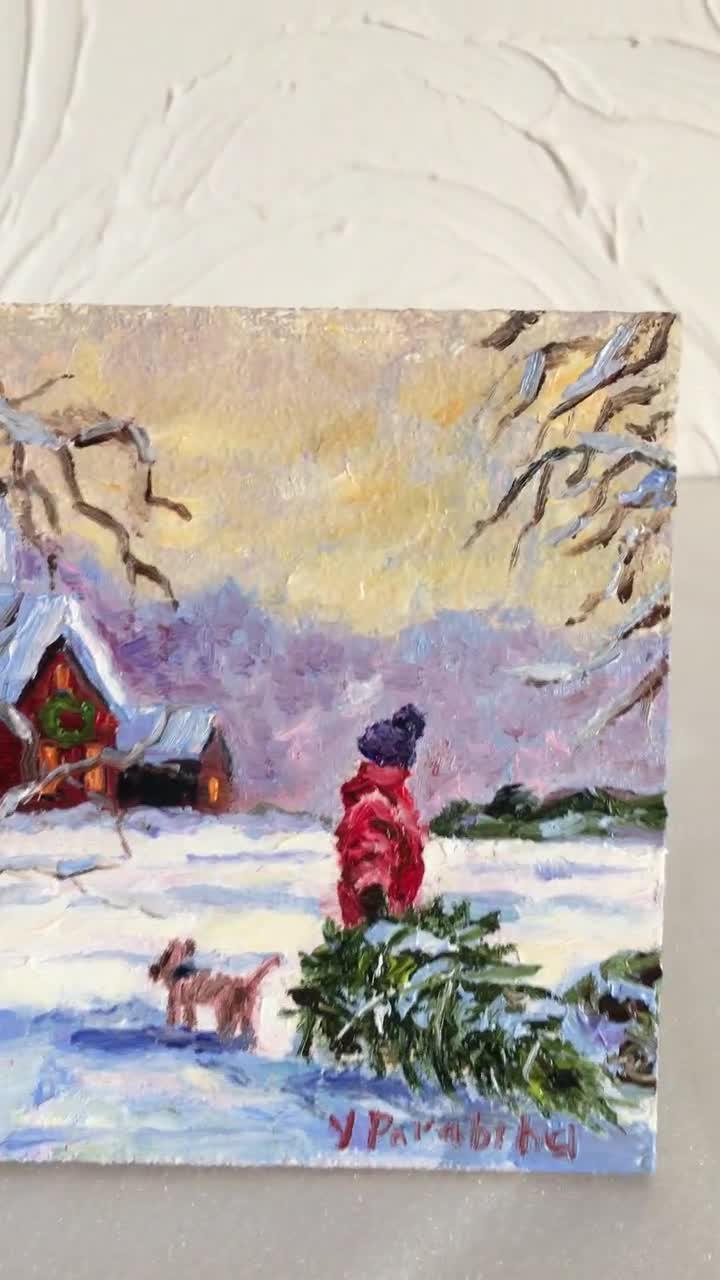 小さな4 x 4インチの油絵冬の油絵クリスマスの雪景色子供たちと冬の