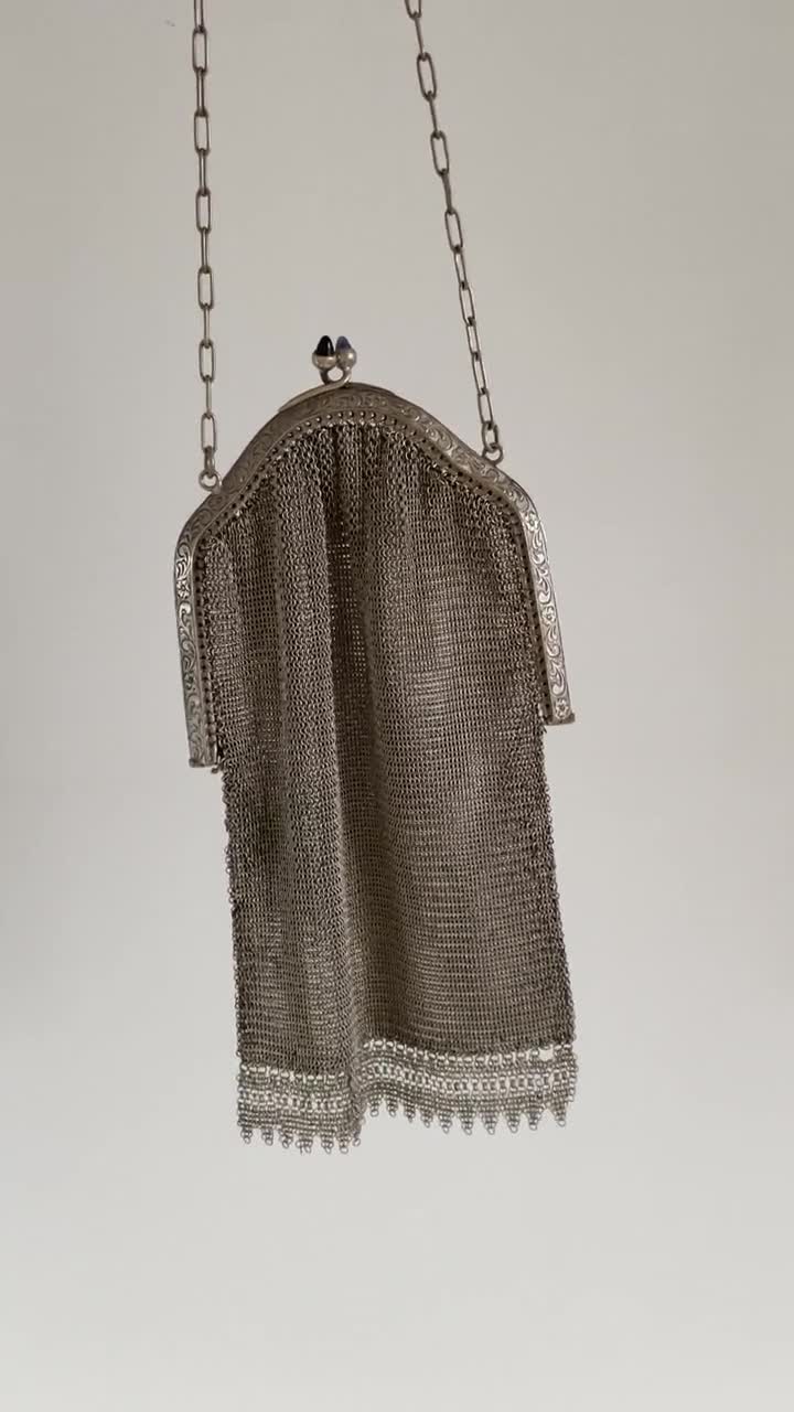 Vintage Art Deco mesh bag – 1920s silver plated metal mesh bag with  cathedral frame – ornate metal mesh purse