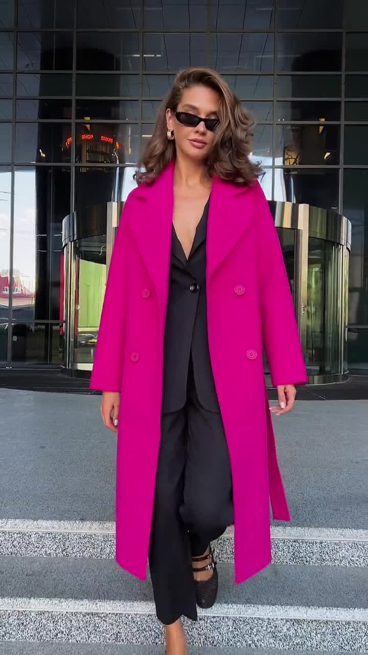 レディース ホットピンク ウール ボタン付きコート 秋冬アウター