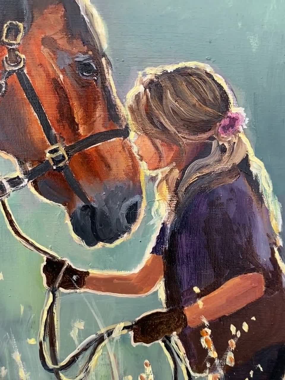 少女と馬の絵画オリジナル、カウボーイの馬のアートワーク、南西部の