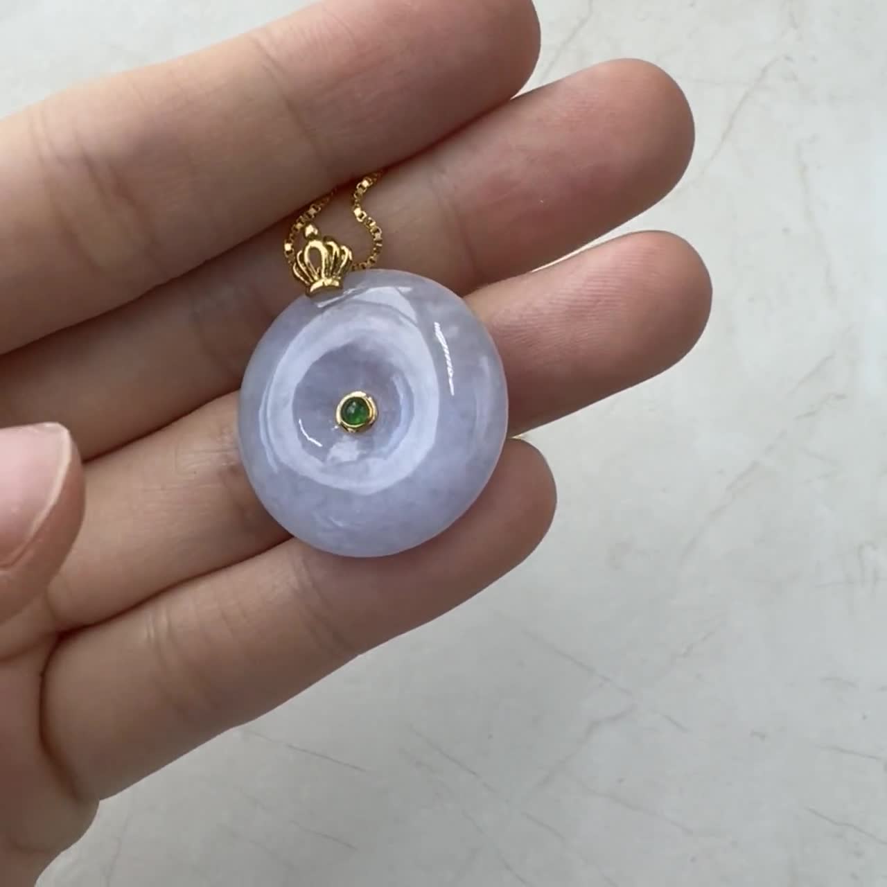 Purple Jade Donut Ping an Kou Pendant With 18K Gold, Jadeite