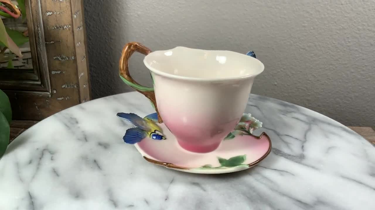 Franz Porcelain BLUEJAY and BLUE BERRY Cup and Saucer Set