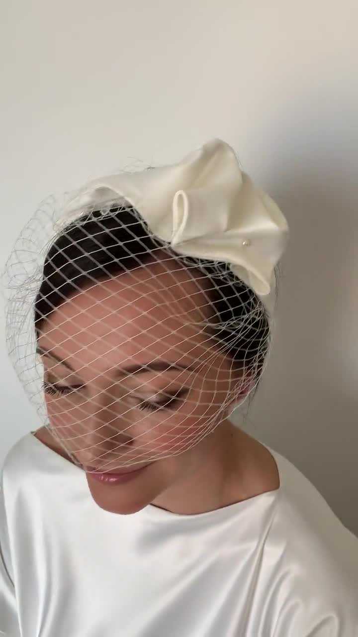 Elegant Ivory Bridal Headband With Net Birdcage Veil, Minimalistic White Wedding  Headpiece, Vintage Styled Wavy Satin Hair Band for Bride 