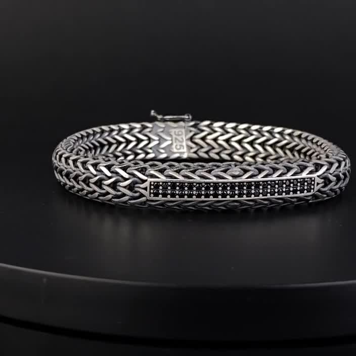 925 Sterling Silver Foxtail Onyx Chain Bracelet, 10MM Chain