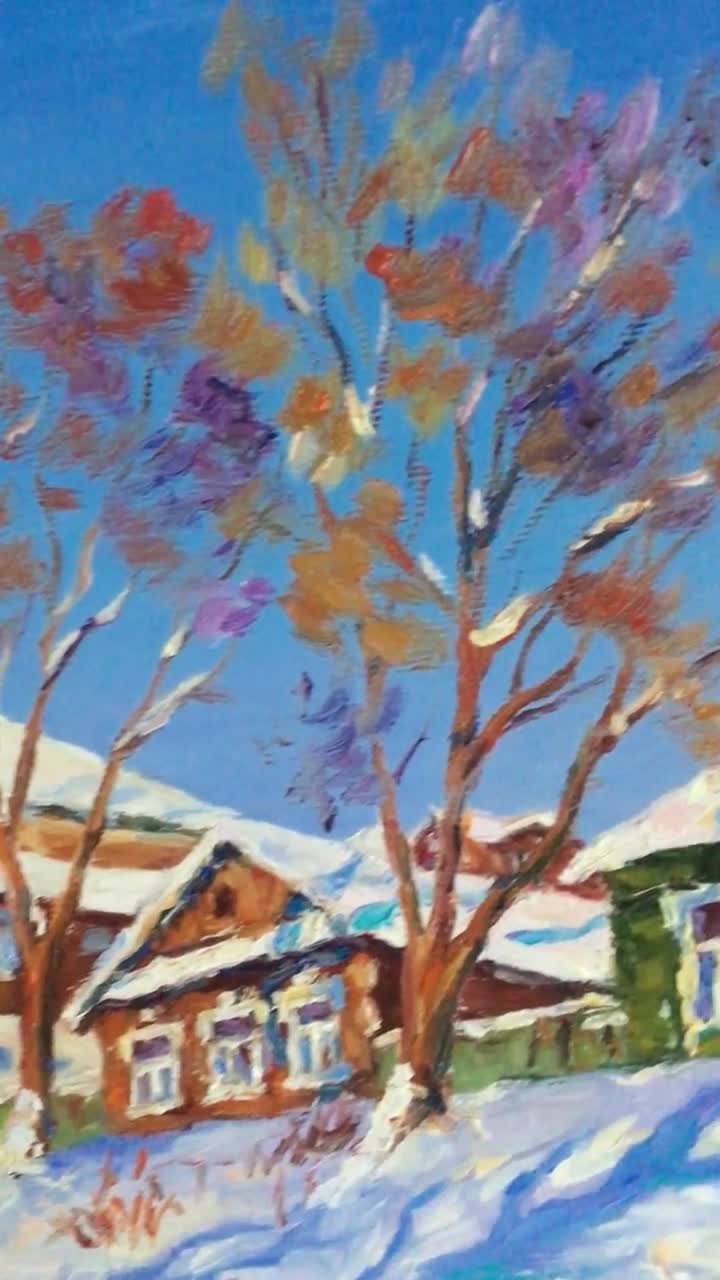 子供たちと冬の風景 オリジナル油絵 ロシアの風景 冬の印象派の風景 雪