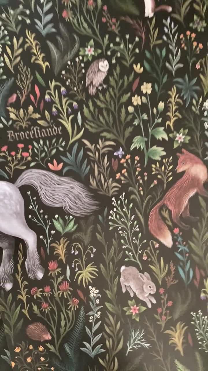 Papel pintado autoadhesivo / Diseño Bosque Encantado de Broceliande / Revestimiento de pared removible / Preencolado y sin encolar / Murales oscuros para guardería de GP video poster