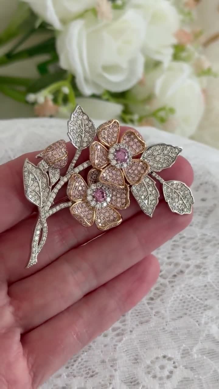 Double Rose Brooch, Queen Elizabeth Wild Rose Replica, Rhodium