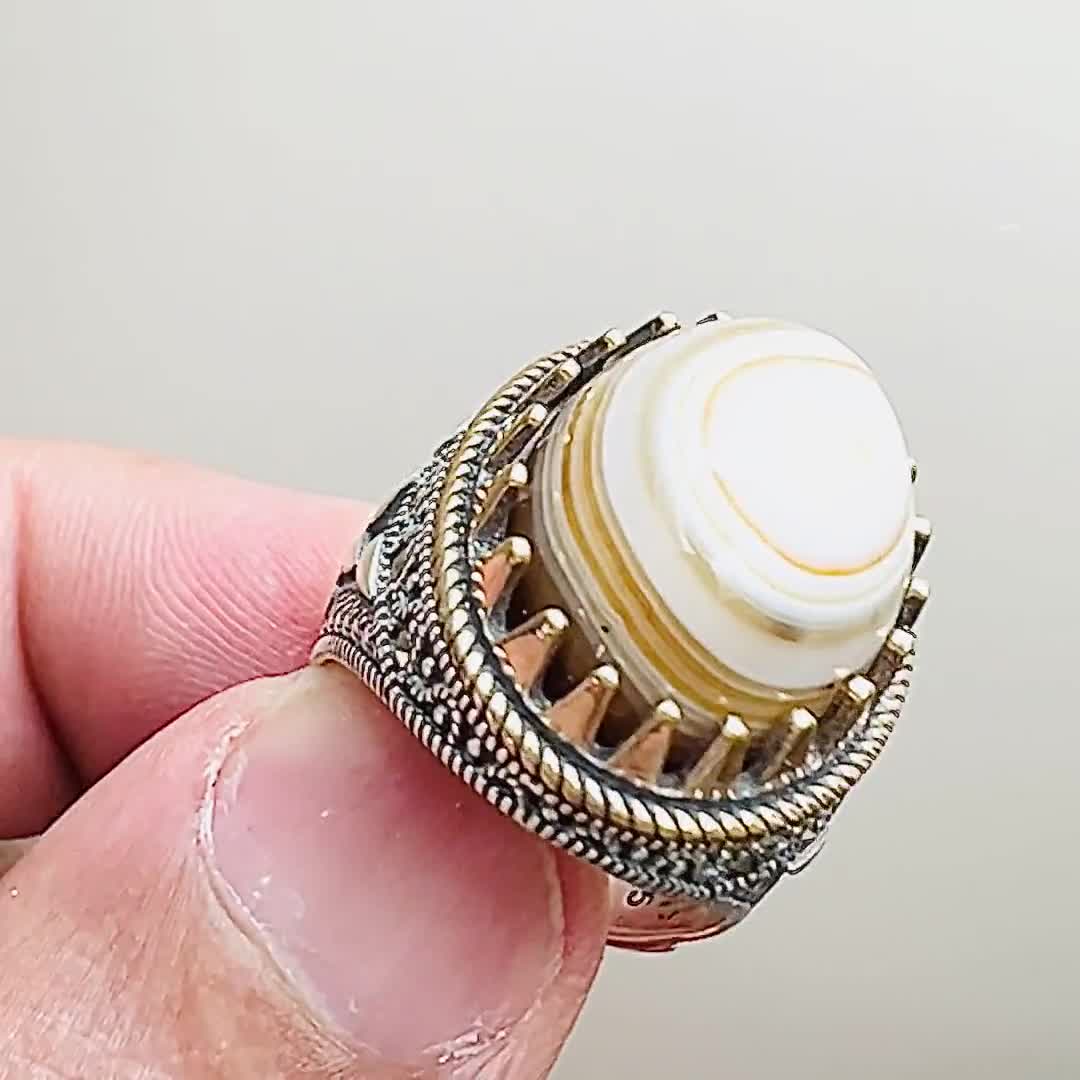 Anello Uomo In Argento Sterling 925 Con Agata Yemen - Stile Ottomano Intagliato A Mano