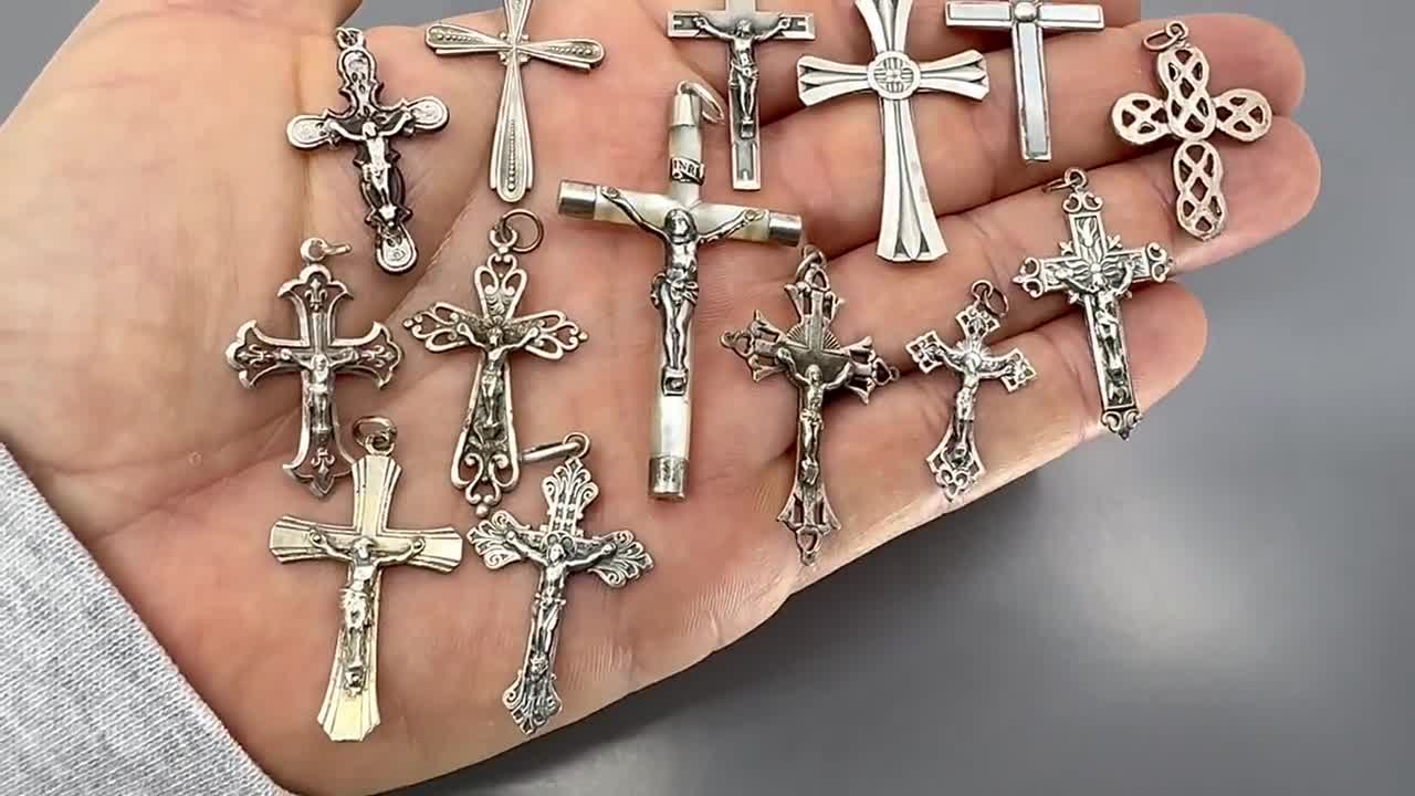 Antique Silver Cross Crucifix: French Religious Pendant Necklace