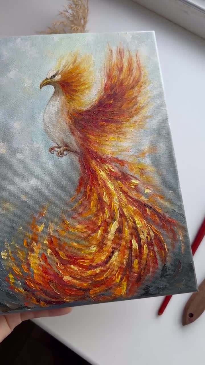 フェニックスの絵画：キャンバスに油彩を描いたインパスト画 - 燃える