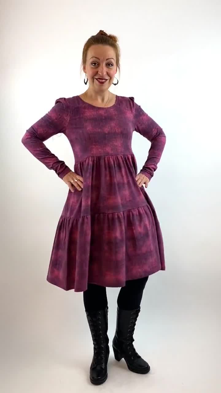 Dress "Bonnie" denim pattern pink black, women's dress long sleeve,  long-sleeved dress simple, tiered dress boho, slow fashion, handmade with  love