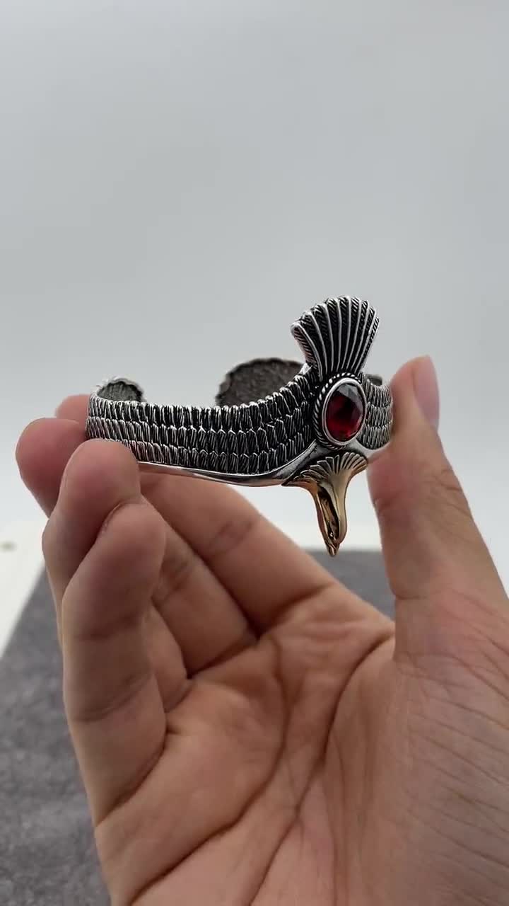 925k Sterling Silver Eagle Bracelet, Cuff Bracelet,Red Ruby Stone Eagle  Bracelet, Handmade Silver Bracelet,Adjustable Bracelet, Gift for him