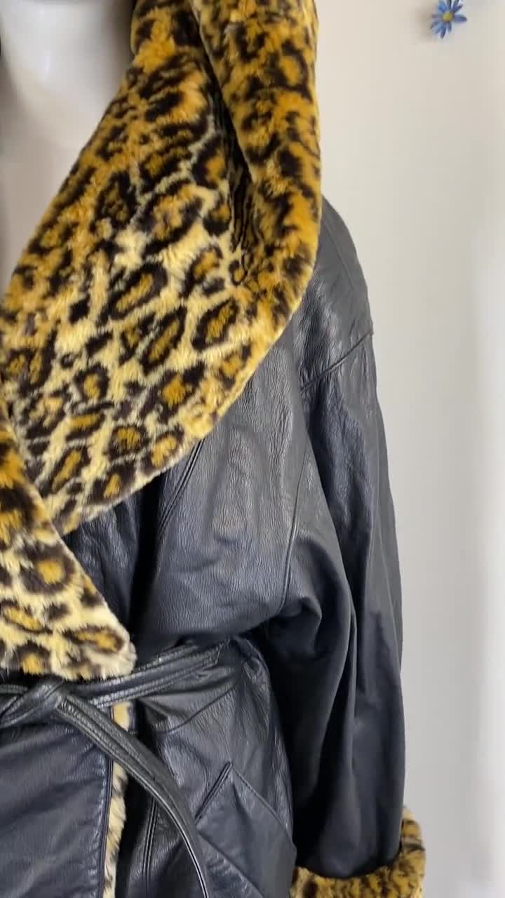 Black Leather Leopard Coat Vintage DANIER 1980s Hooded
