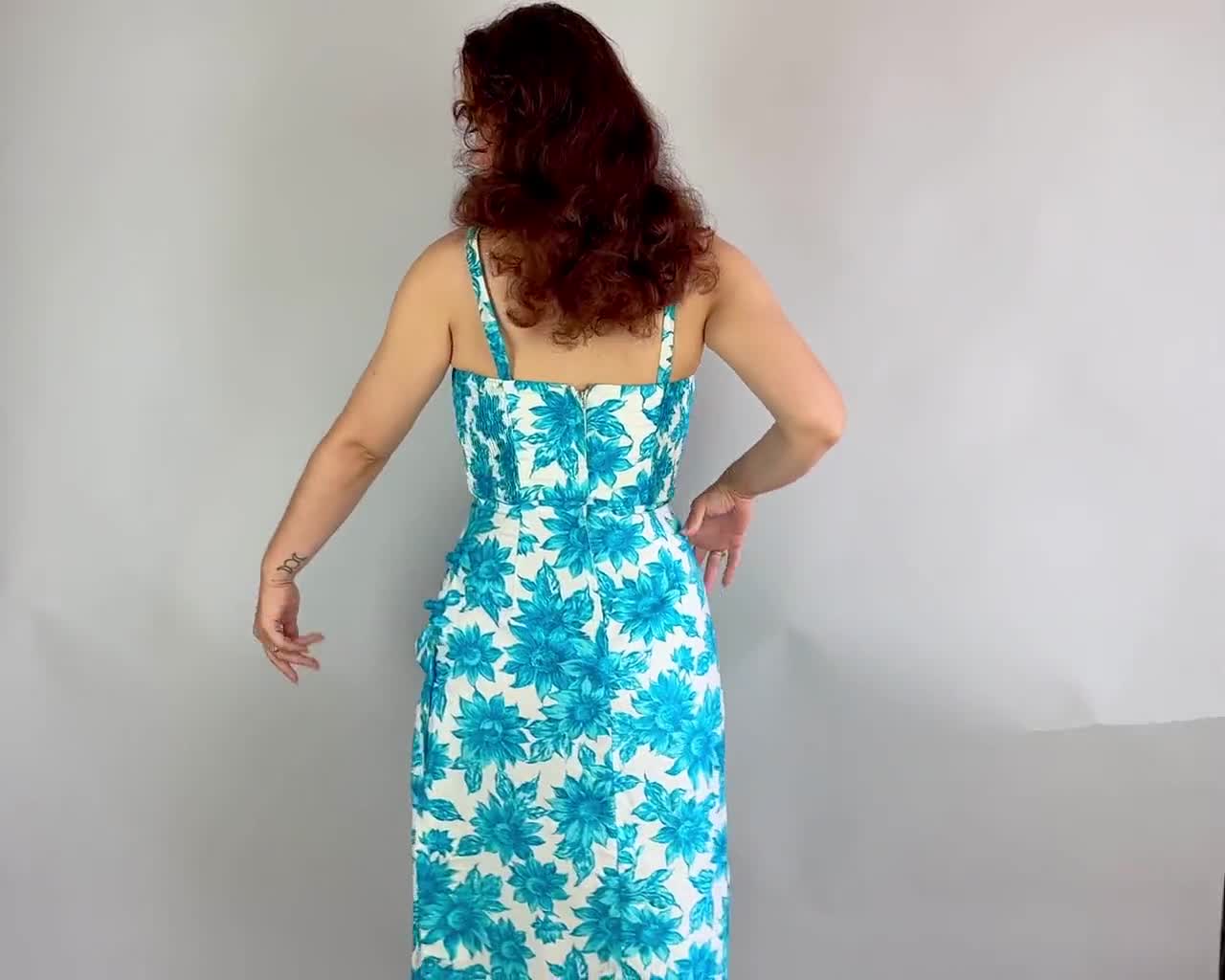 Vintage 1950s Sydney Honolulu pure silk cheapest cream cocktail dress scale fish mermaid print teal indigo blue Hawaiian novelty dress 50s