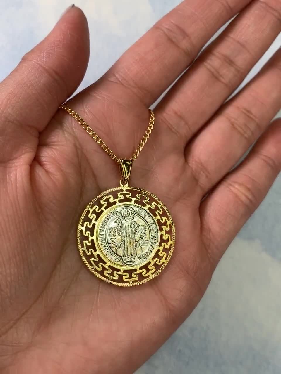 Collana Religiosa Cuore di Madreperla & Medaglia di San Benedetto - Oro