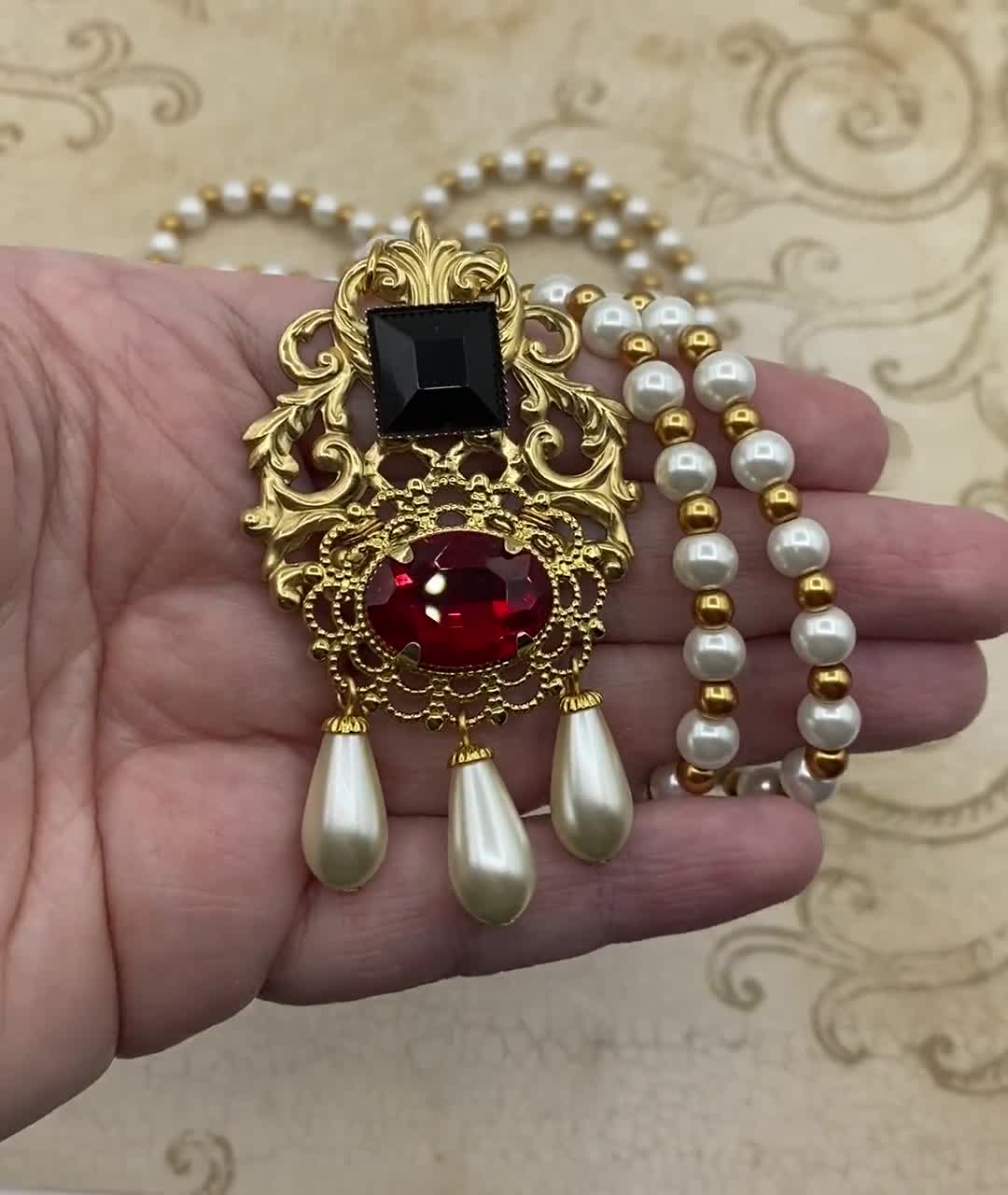 Queen Elizabeth I Historical Reproduction 2 Necklace Set Gold Brass  Filigree Ruby Red Glass Beaded Glass Pearl Becoming Elizabeth Tudor