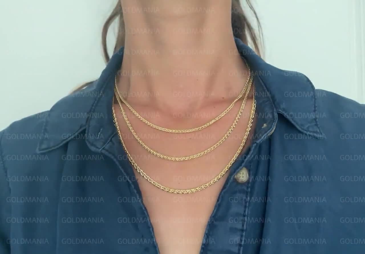 14K Yellow Gold Round Wheat Chain Necklace, 16