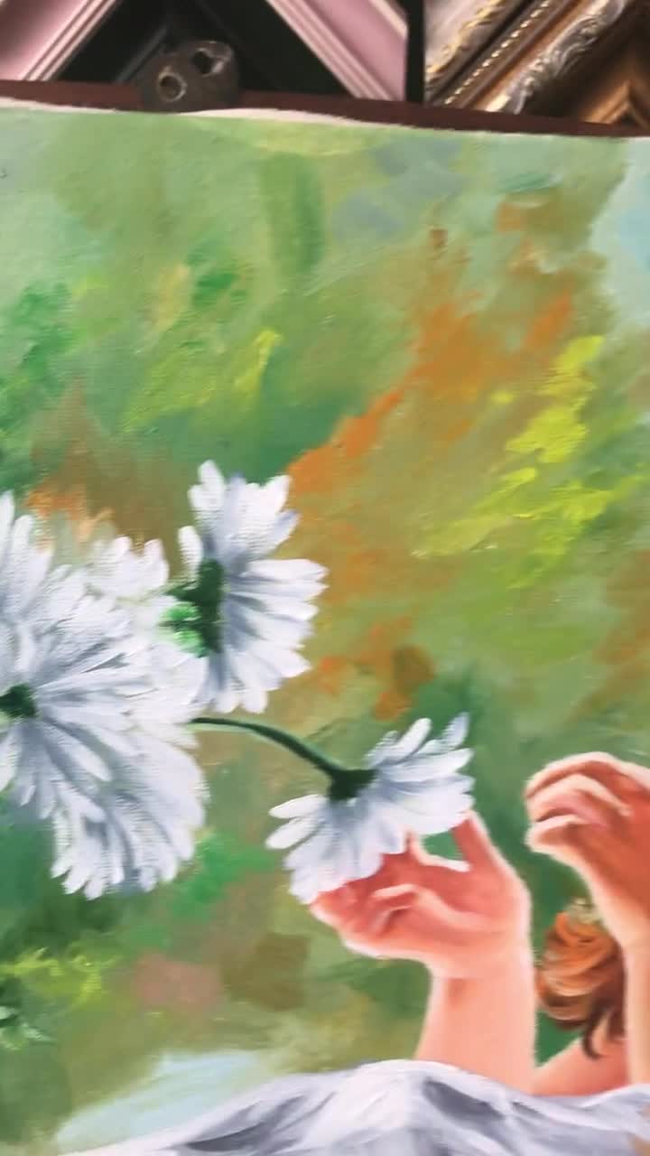 花を持つ少女の油絵、オリジナル作品 - Etsy 日本