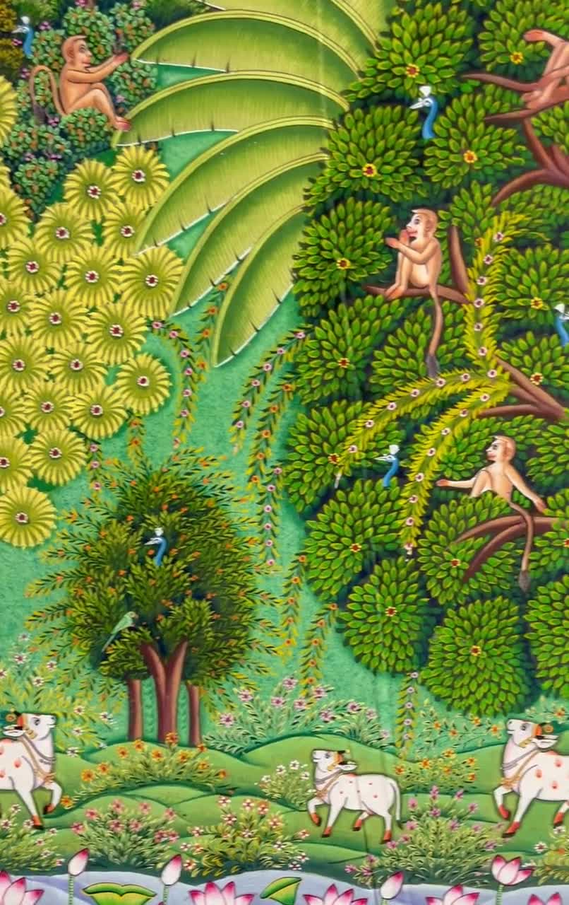 Pichwai Painting, Hand-painted, Forest Folk Wall Art, Forest Theme