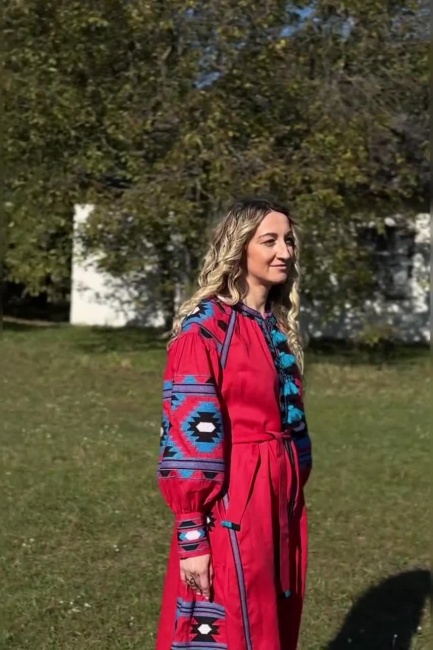 Red Linen Embroidered Dress With Embroidery Ukrainian Vyshyvanka
