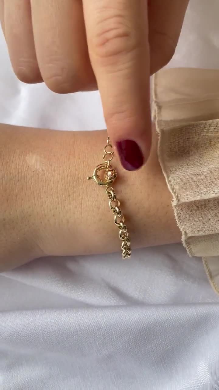 14k Gold Double Staple Link Thick Bracelet W/ Puffed Heart