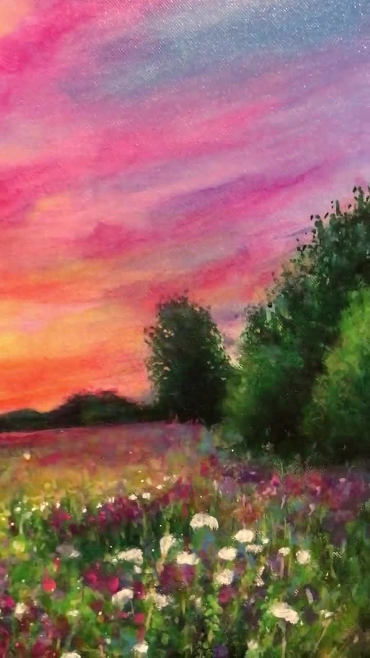 スーザン・ニンブリーによるオリジナル絵画「華やかな夕日と野花畑