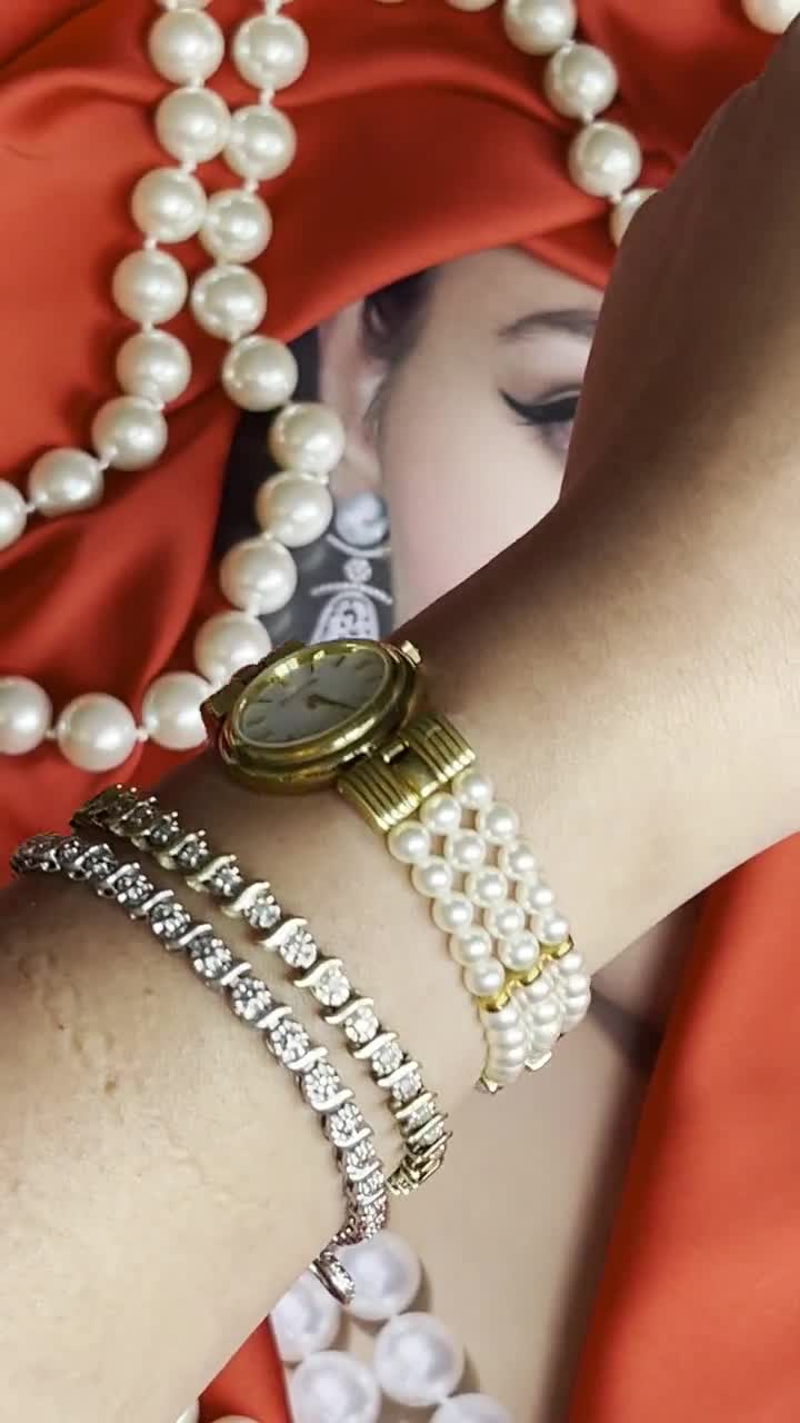Vintage Majorica Faux Pearl 18K Gold Electroplated Bracelet Watch