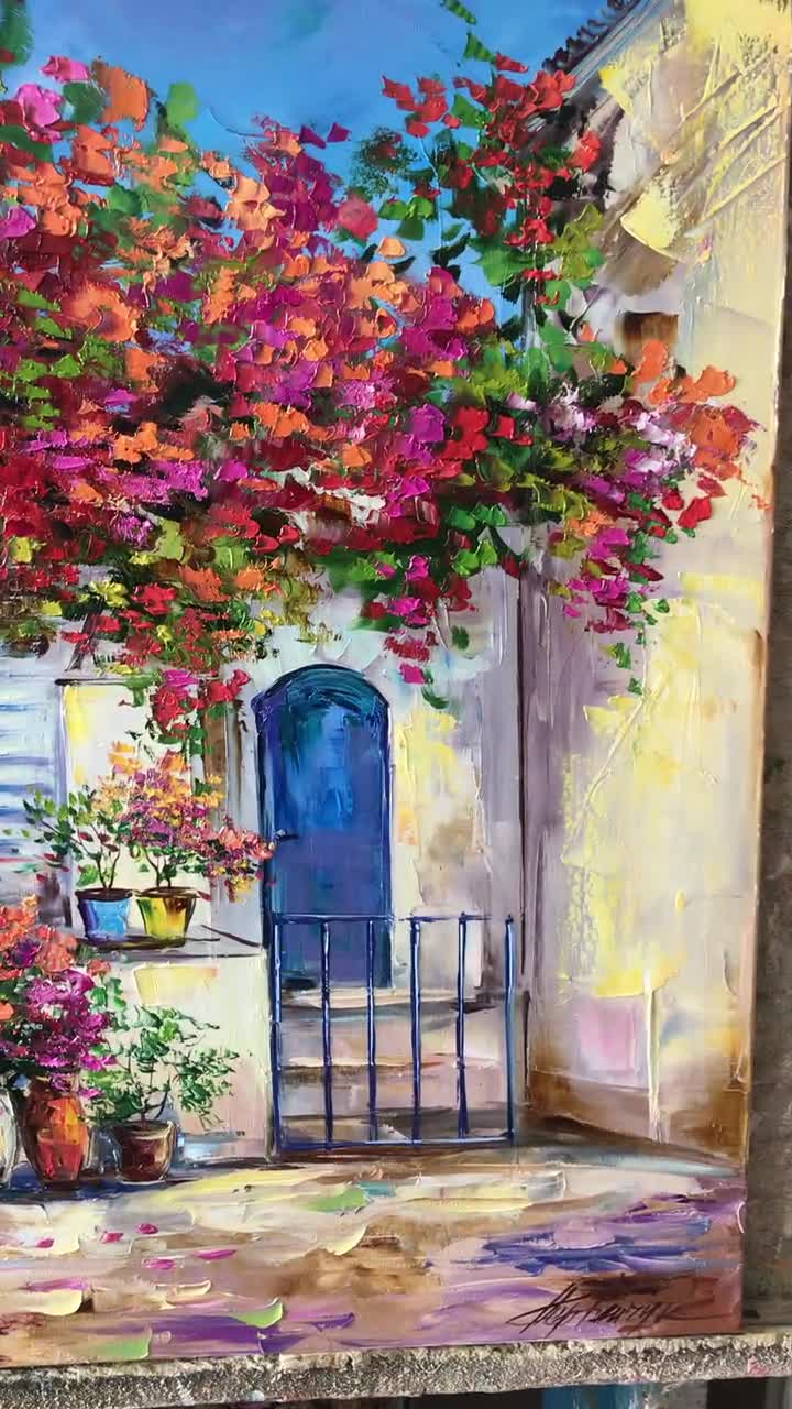 サントリーニ島の絵画 オリジナルの赤いブーゲンビリアの絵画 ゲスト