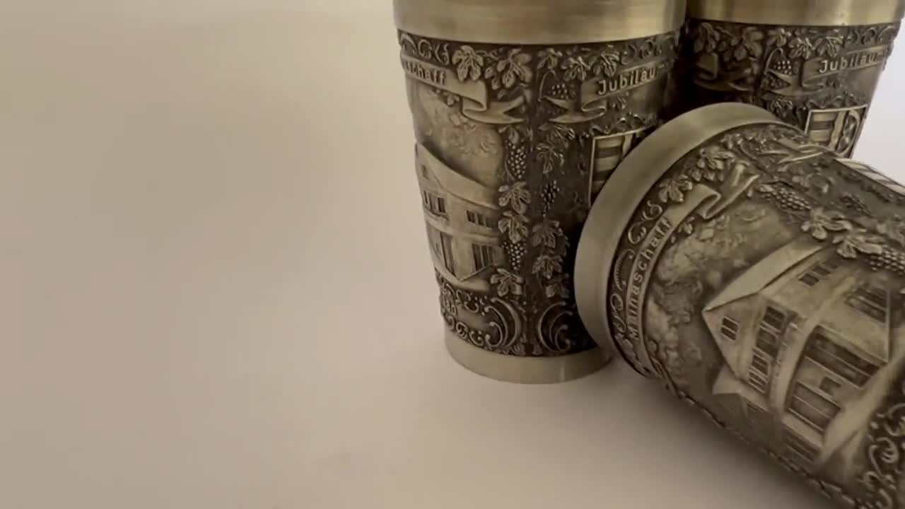 Antique Zinn-becker Embossed Pewter Cups, Three Collectible German