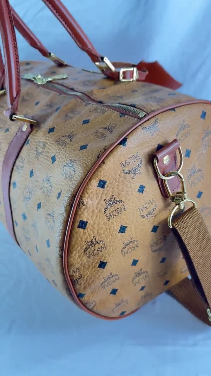 MCM Visetos Canvas Leather Trim Boston Duffel Weekender Bag Made