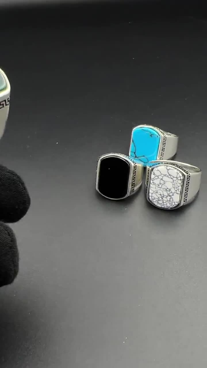 Black onyx turquoise gemstones order modernist retro art deco sterling silver Statement minimalist Chunky ring 925 gifts for occasions rare style