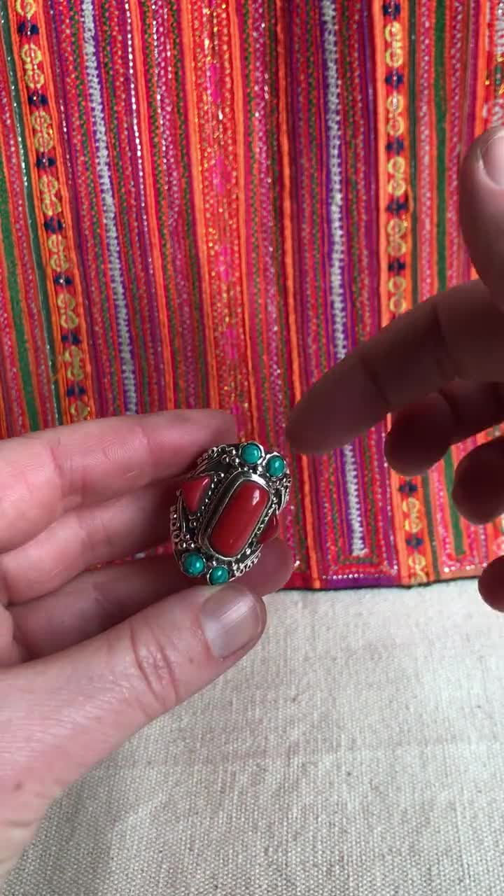 Bague En Argent Plaqué Avec Corail Jaune Et Rouge - Style Boho Tibétain - Taille 8,75 - Faite Main