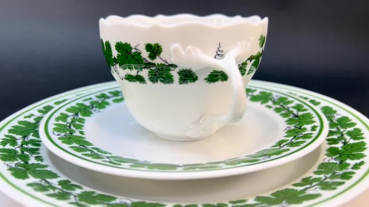 Meissen Green Ivy Tea Trio, 1952 Hand Painted Porcelain, Elegant