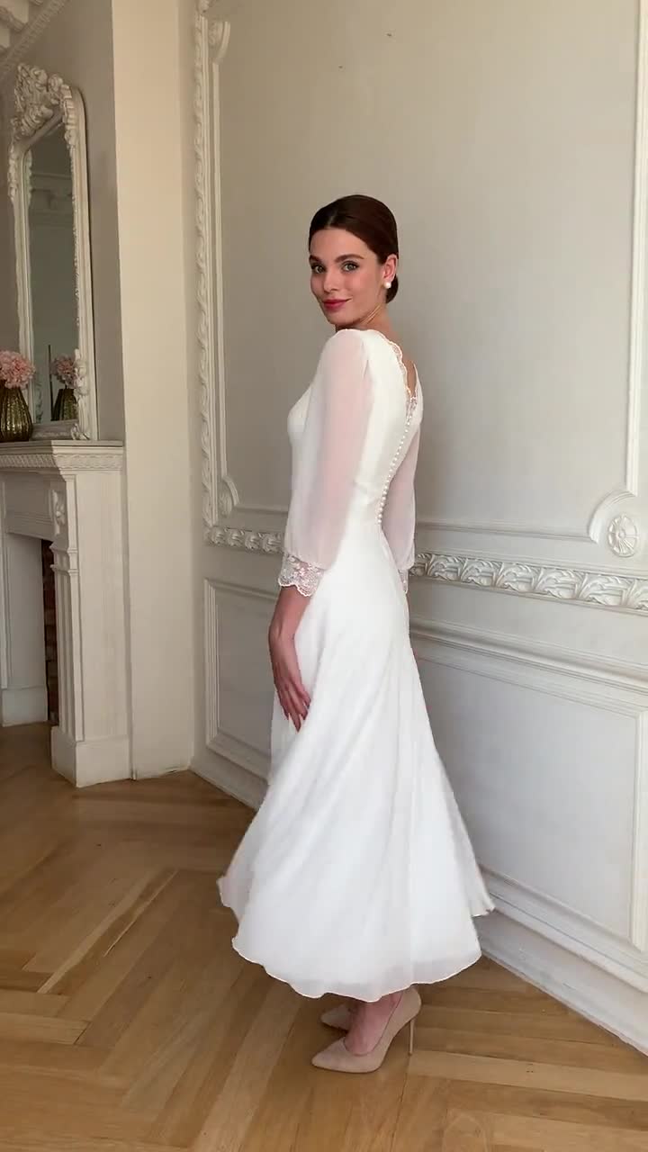 Vestido de novia modesto hasta la rodilla con mangas – Vestido de novia  sencillo para el ayuntamiento / Tessa, image size:720x1280