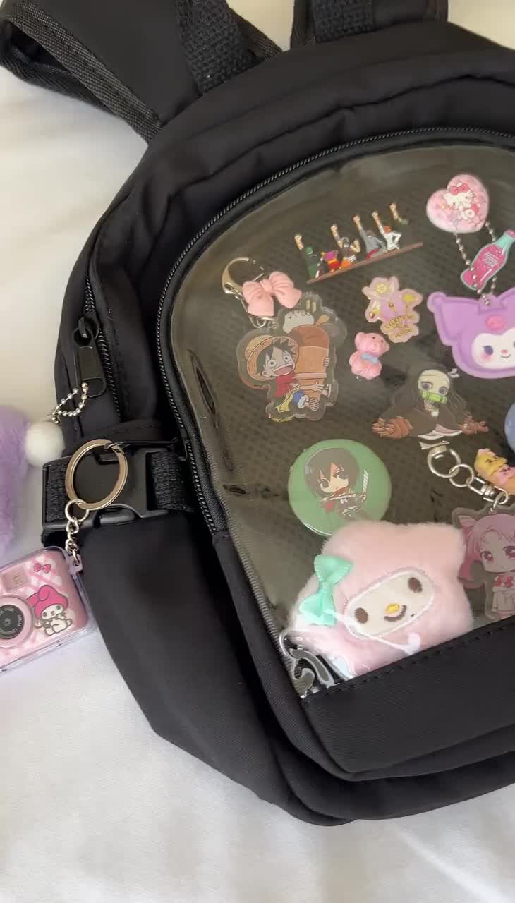 Kawaii Aesthetic Backpack With Pins & Keychain - Cute Lightweight Travel Backpack, Large, Black