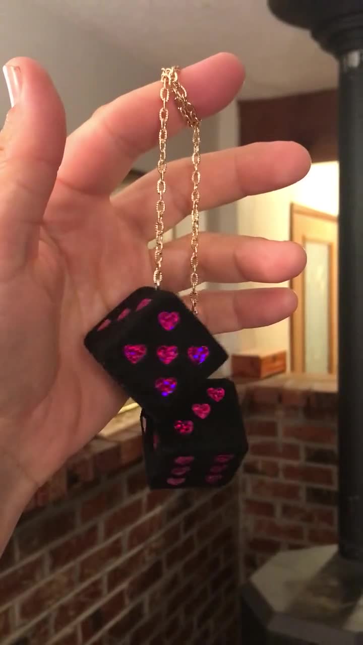 Black Fuzzy Dice With Pink Hearts and Chain or Cord / Car 