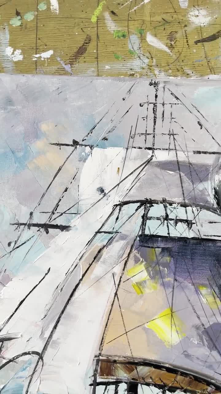 オリジナルの抽象的な船の油絵：大きな青い海景の壁アート（36x36