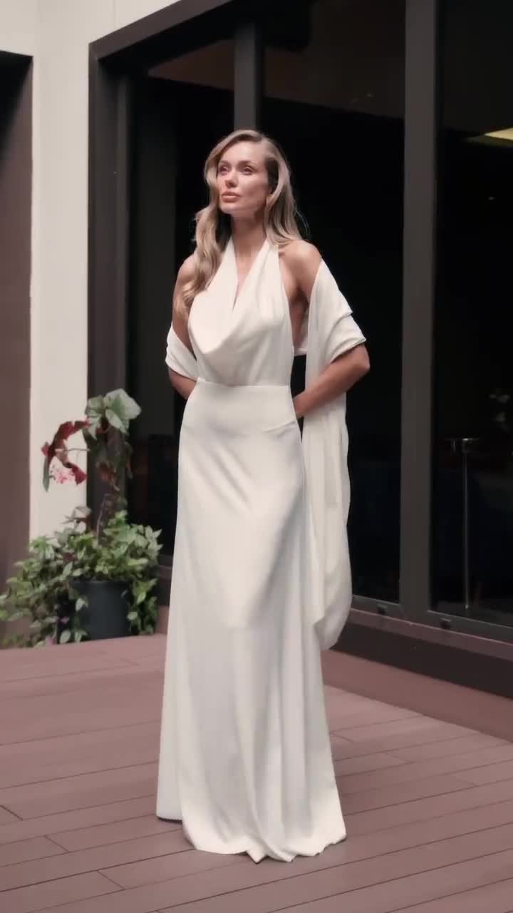 white halter dress with scarf White Satin Maxi Floor Length with Scarf