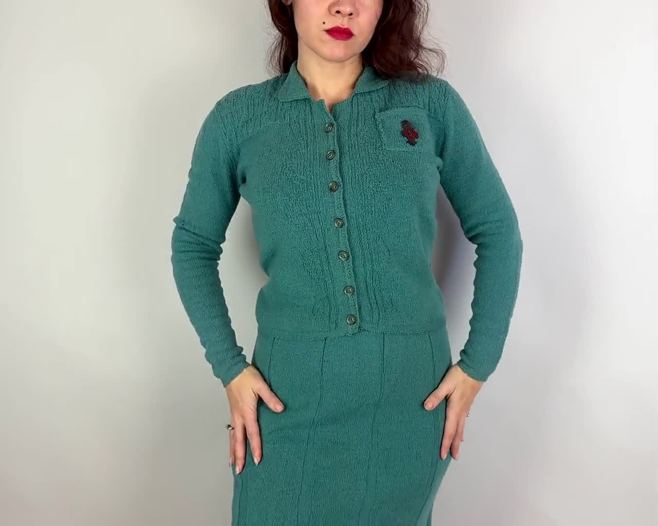1940s Sultry Librarian Knit Dress Set | Vintage 40s Turquoise Wool  