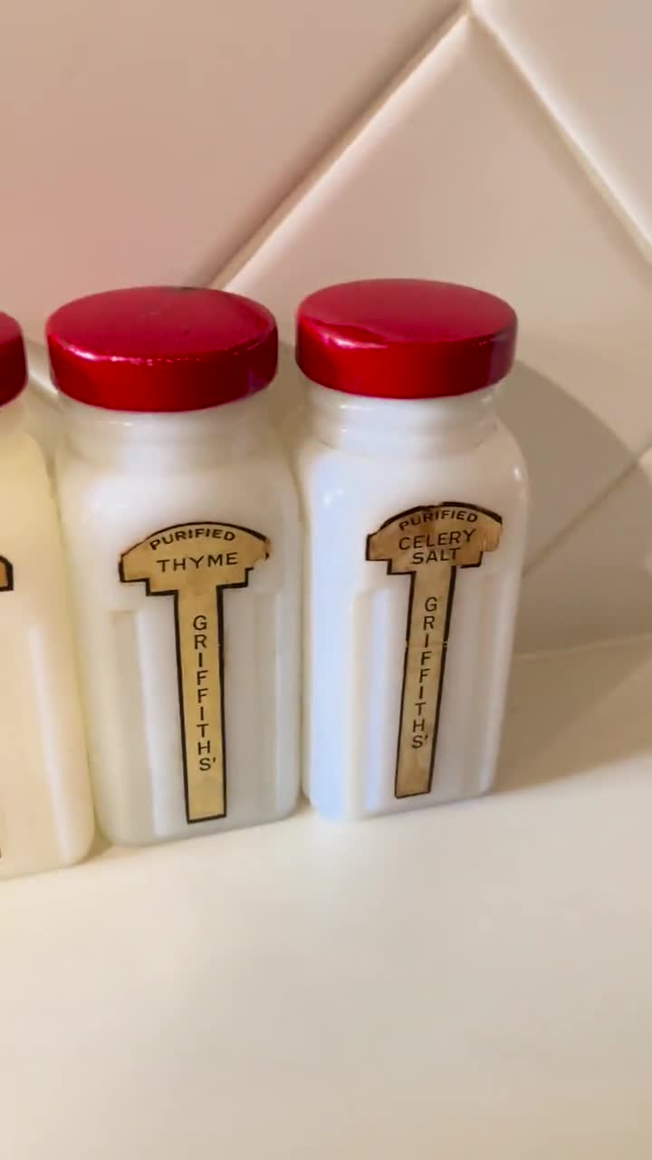3 Milk Glass Spice Jars Griffith Labels Intact Vintage 1940s-50s
