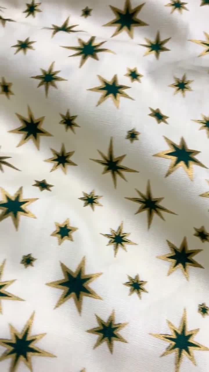 Golden Stars Cotton Fabric Green and Gold Printed on Light Yellow Fabric,  Cute Cotton Fabric, Quilting Cotton Fabric by the Yard 